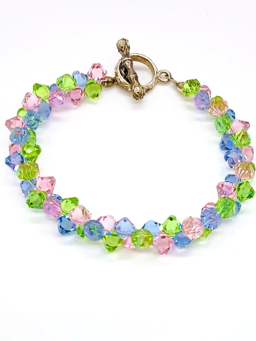 Pastel Crystal Weaved Bead Bracelet 7" Pink Blue Rhinestone Toggle Clasp